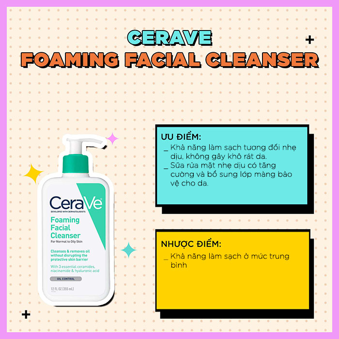 Cerave Foaming Facial Cleanser là sữa rửa mặt dịu nhẹ, dưỡng ẩm cho da dễ bị mụn trứng cá.