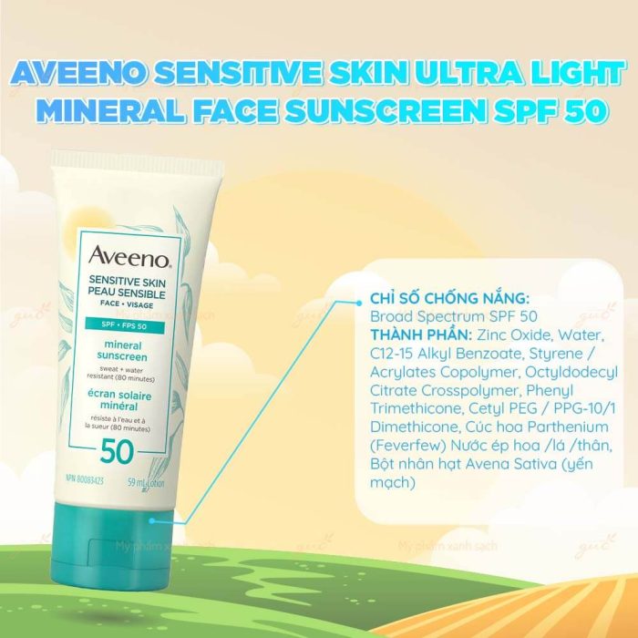 Aveeno Sensitive Skin Ultra Light Mineral Face Sunscreen SPF 50