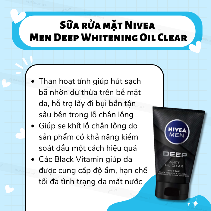 Sữa Rửa Mặt Sạch Sâu Cho Nam Nivea Men Deep Whitening Oil Clear Than Hoạt Tính