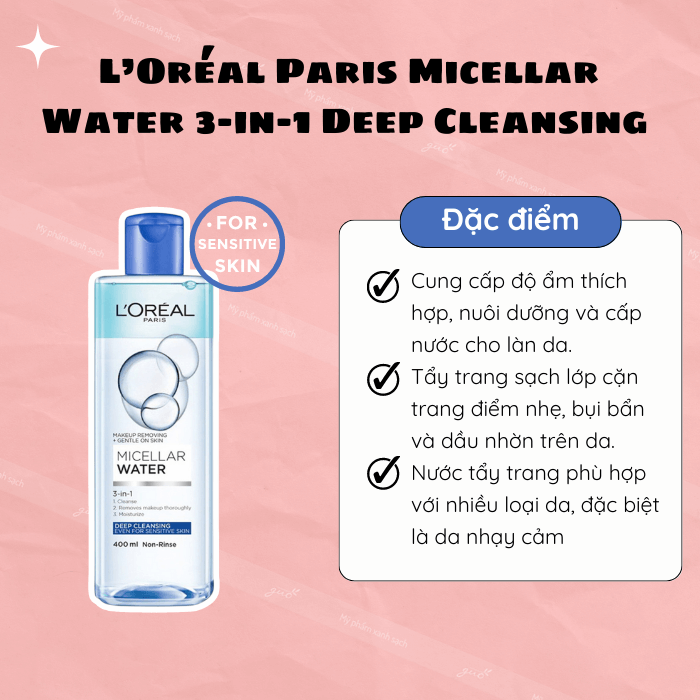 Nước tẩy trang cho da nhạy cảm loreal paris micellar water 3in1