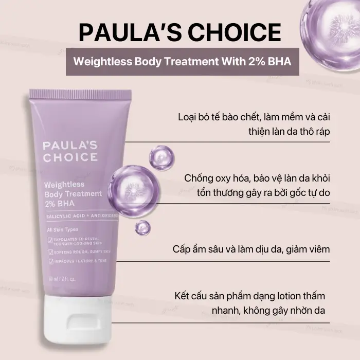 Review kem dưỡng thể paulas choice weightless body treatment with 2 bha