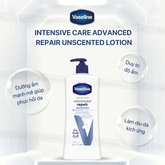 Review sữa dưỡng thể Vaseline intensive care advanced repair unscented lotion